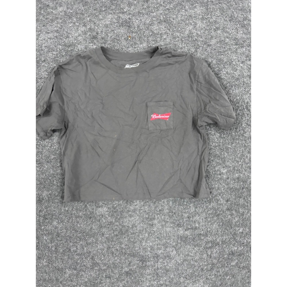 Budweiser T-Shirt Womens Size L Gray Cropped Cotton Pocket Graphic Beer Tee